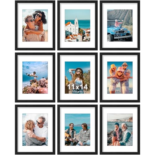 Vittanly 11x14 Picture Frames Set of 9 for Wall Mounting, Black | Display Pictures 8x10 with Mat or 11x14 without Mat, Engineered Wood with Shatter Resistant Plexiglass, Gallery Photo Frames - color: Black, size: 11x14