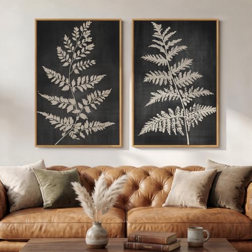 Large Framed Vintage Botanical Wall Art Set of 2, Black Neutral Retro Leaf Canvas Paintings Prints, Rustic Minimalist Modern Farmhouse Pictures for Living Room Bedroom Office Wall Decor, 24x36 Inch - color: Black & Beige & Neutral, size: 24" W x 36" H x 2