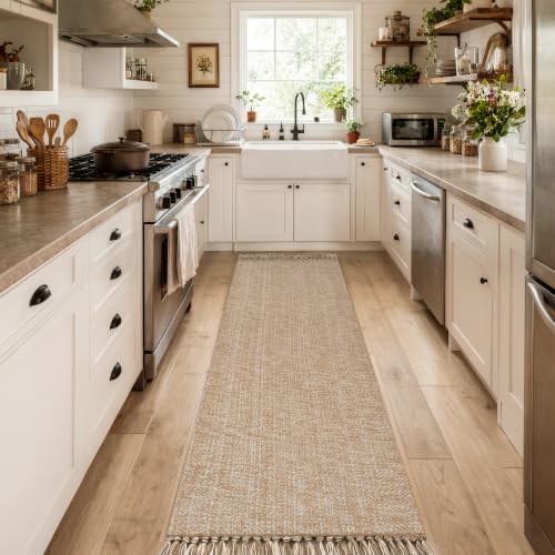 Kitchen Carpet Runners for Hallway 2.6x12ft, Washable Bathroom Rugs | Boho Hand-Woven Entryway Runner Rug, Tan Modern Farmhouse Reversible Hallway Carpet for Laundry Bedroom Front Door Decor - color: Tan/Cream, size: 2.6' x 12' (Rectangular)
