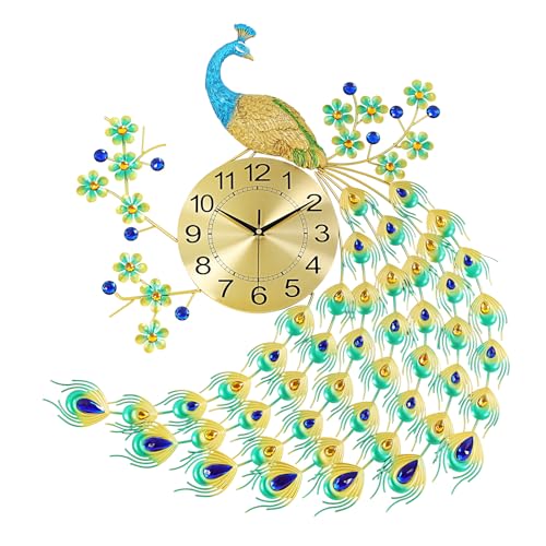 Large Peacock Wall Clock, 27.5" Luxury 3D Wall Clock Non-Ticking Silent Gold Metal Decorative Wall Clock Art Digital Wall Decor for Living Room Bedroom Office - size: 25.59*27.56in