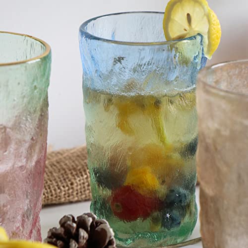 TOSSOW Drinking Glasses Set of 2,Mixed Drink Glassware Sets Glacier Pattern Colorful Glass Water Cups for Wine, Beer, Juice, Mojito and Cocktail(12 oz) - color: Blue Green
