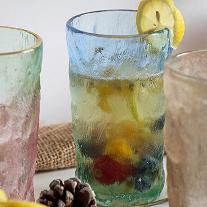 TOSSOW Drinking Glasses Set of 2,Mixed Drink Glassware Sets Glacier Pattern Colorful Glass Water Cups for Wine, Beer, Juice, Mojito and Cocktail(12 oz) - color: Blue Green
