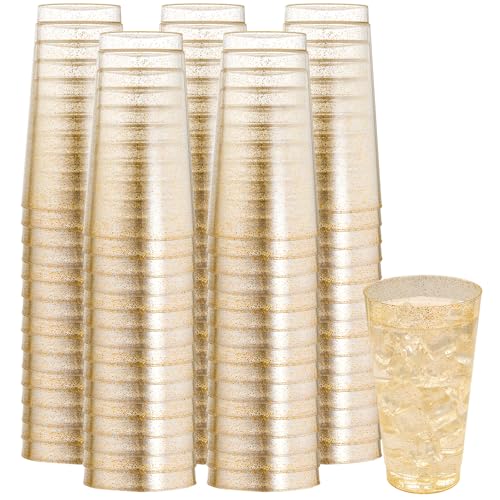 I00000 16 oz Gold Plastic Cups, 100 Pack Gold Glitter Plastic Cups Tumblers Disposable Party Cups Wedding Cups, Heavy-duty Plastic Disposable Cups Ideal for Wedding & Party - color: Glitter-16oz-100