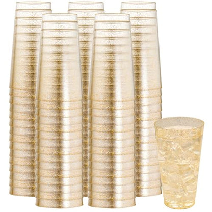 I00000 16 oz Gold Plastic Cups, 100 Pack Gold Glitter Plastic Cups Tumblers Disposable Party Cups Wedding Cups, Heavy-duty Plastic Disposable Cups Ideal for Wedding & Party - color: Glitter-16oz-100
