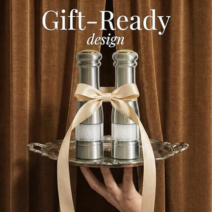 Styled Settings Electric Salt and Pepper Grinder Set, Silver | Automatic Stainless Steel Grinders, LED Light, Battery Operated, Adjustable Coarseness, Wood Base, Salt And Pepper Mill Set - color: Silver
