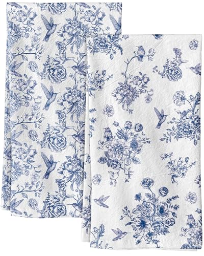 Flour Sack Kitchen Towels Set of 2, 18x26 Inch, Blue Floral Bird | 150GSM Cotton, Lint-Free, Quick Dry, Hanging Loop, Lightweight Tea Towels, French Home Decor, Chinoiserie, Housewarming Gift - color: Blue Floral Bird
