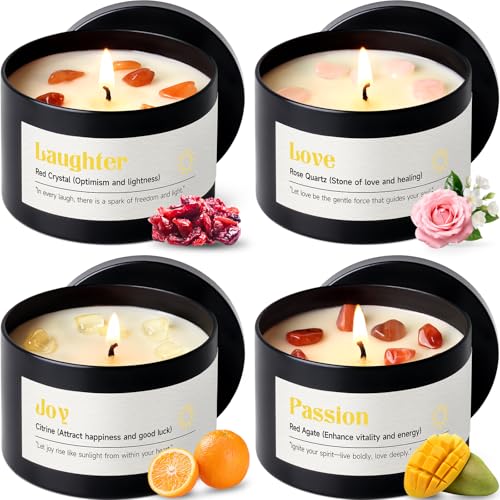 AOOVOO Crystal Energy Candles Set for Women - Soy Candle for Home Scented | 4 Pack 26 oz, 200 Hour Long Lasting Candle, Laughter Red Crystal/Love Rose Quartz/Joy Citrine/Passion Red Quartz - color: Energy Candles Set