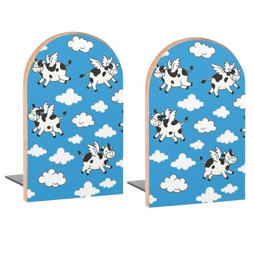 Milk Cow Flying Clouds Book Ends Decorative Wood Bookends for Shelves Kids Room Desk Home Office Book Stoppers for Magazines,Books, DVDs, 1 Pair/2 Pieces(5x3.1 in) - color: Milk Cow Flying Clouds