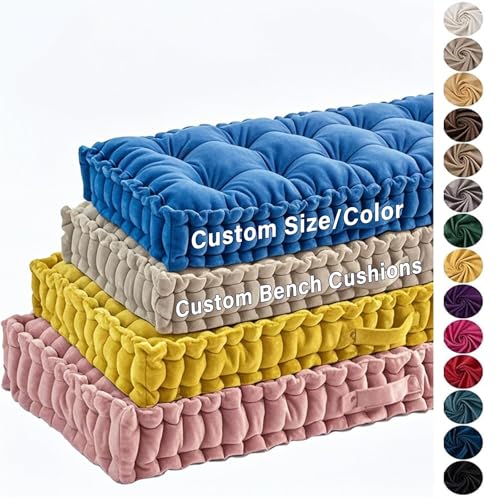 Custom Size Bench Cushions,Tufted Bench Cushions for Indoor Furniture, Window Seat Cushions Indoor, Bay Window Cushion,4 Inch Thick Pad Velvet Bench Seat Cushions with Handle, 50+ Colors