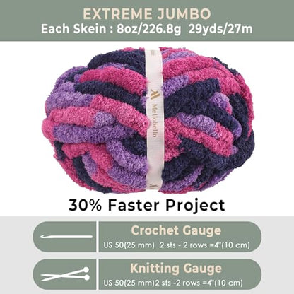 Jumbo Chunky Yarn for Hand Knitting - Super Thick Chenille Chunky Yarn for Crocheting - Extra Soft Bulky Fluffy Blanket Big Yarns 8 Jumbo Pack (27yds,8 oz Each Skein) - color: Midnight Orchid