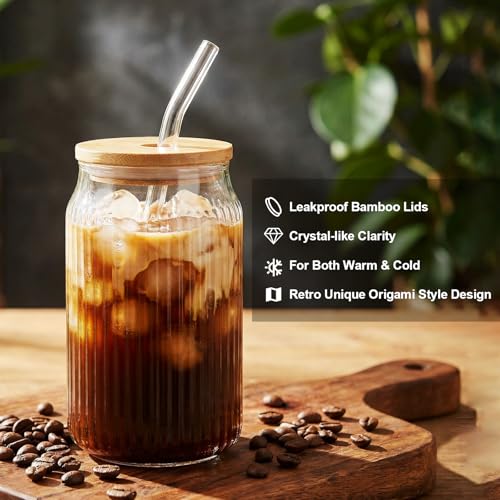 8 Pcs Fluted Glass Tumblers with Bamboo Lids and Straws 16oz Ribbed Can Drinking Glasses Beer Shaped Glasses Coffee Cups for Iced Coffee Cocktail Beer Tea Water Whiskey
