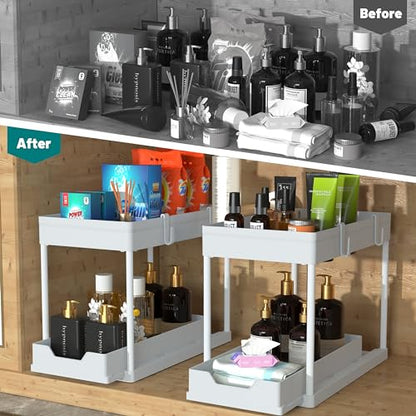 DEKAVA Cabinet, 2 Pack Under Sink Organizer, 2 Tier Sliding Bathroom Kitchen Organizer, Large White ABS Baskets, Easy Install & Clean - color: White