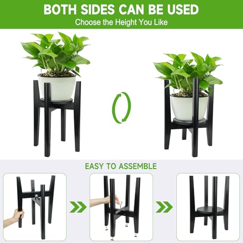 Adjustable Plant Stand with Tray,Indoor Wood Plant Stand Fit 8'' to 12'' Planter,Mid Century Modern Flower Pot Holder Rack(Plant and Pot Not Included),Black - color: Black, size: 1 PACK