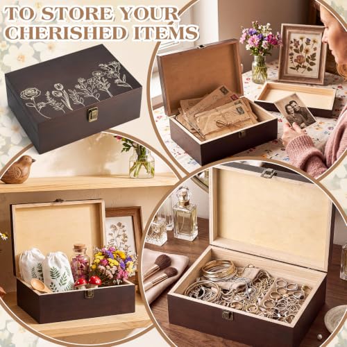 Marsui Wildflower Wooden Keepsake Box, 10.6 x 7.7 x 3.9 Inch Decorative Memory Box with Hinged Lid for Crafts Photos Letters Cards Jewelry Storage, Rustic Floral Gift Boxes for Women Wedding Birthday