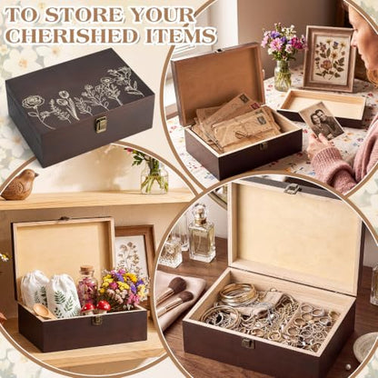 Marsui Wildflower Wooden Keepsake Box, 10.6 x 7.7 x 3.9 Inch Decorative Memory Box with Hinged Lid for Crafts Photos Letters Cards Jewelry Storage, Rustic Floral Gift Boxes for Women Wedding Birthday