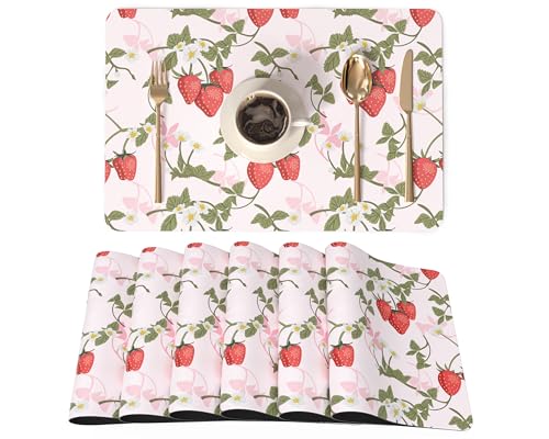 QIYI Leather Placemats Set of 6, 12"x18" Waterproof Table Mats, Strawberry | Faux Leather, Heat Resistant, Anti Slip, Wipeable Place Mats for Kitchen Dinning, Party Table Décor, Sweet Strawberry - color: Sweet Strawberry, size: Set of 6