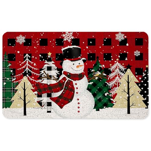 Red and Black Buffalo Plaid Christmas Snowman Door Mat, Winter Christmas Tree Doormat for Front Door Indoor Outdoor Entrance Porch, Retro Snowy Christmas Welcome Mat Outside, 17x30 Inches - color: Buffalo Plaid Christmas