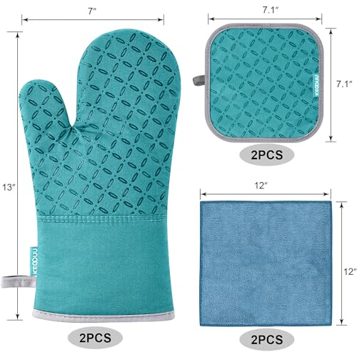 KEGOUU Oven Mitts and Pot Holders 6pcs Set, Kitchen Oven Glove High Heat Resistant 500 Degree Extra Long Oven Mitts and Potholder with Non-Slip Silicone Surface for Cooking (Lake Blue) - color: Lake Blue