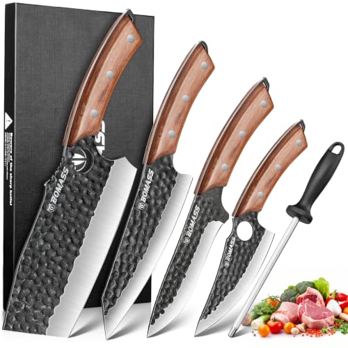 5PCS Butcher Knife Set, Hand Forged Kitchen Chef Knife Set Gift | Meat Cleaver Knife Viking Boning Knife for Home, Outdoor Camping, BBQ, High Carbon Steel Japanese Knives, Gift for Men Father - size: 6.8"