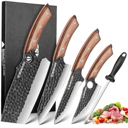 5PCS Butcher Knife Set, Hand Forged Kitchen Chef Knife Set Gift | Meat Cleaver Knife Viking Boning Knife for Home, Outdoor Camping, BBQ, High Carbon Steel Japanese Knives, Gift for Men Father - size: 6.8"
