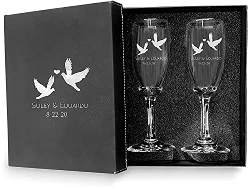 Bride Groom Names & Date Engraved Set of 2 Glasses With Box, Customized Wedding Toast Champagne Flute Set with Box, Wedding Toasting Glasses - Personalized Flutes - color: Wedding-12, style: Glasses + Gift Box