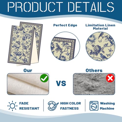 WADORN Navy Blue Bird Flower Table Runner and Placemats Set of 6, Rustic Chinoiserie Sketch Floral Washable Kitchen Dinning Table Decoration Seasonal Spring Summer Dining Settings for Home Kitchen - size: Navy Blue Bird Flower