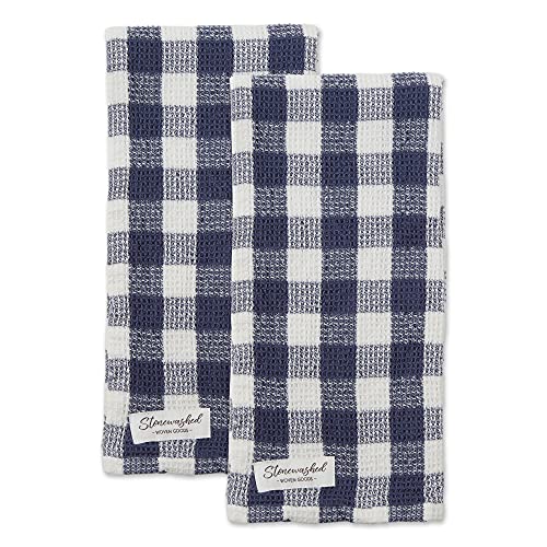 DII Washed Waffle Weave Collection, Dishtowel Set, 18x28, Denim Check, 2 Piece - color: Denim Check