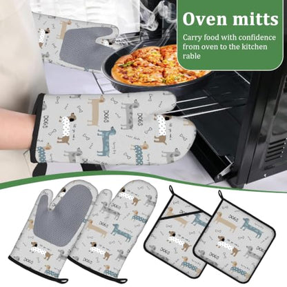 Cute Dachshund Dog Oven Mitts and Pot Holders Sets 4 Pcs Silicone Funny Kitchen Gloves Heat Resistant Potholders for Baking Grilling BBQ - color: Dachshund Dog
