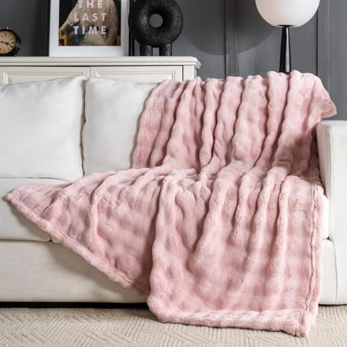 Pink Faux Fur Throw Blanket for Couch, Soft Fluffy Bubble Blanket for Bed Sofa, Thick Warm Plush Fuzzy Rabbit Fur Blanket for Cute Home Decor, 50"X 60" - color: Pink, size: throw(50x60)