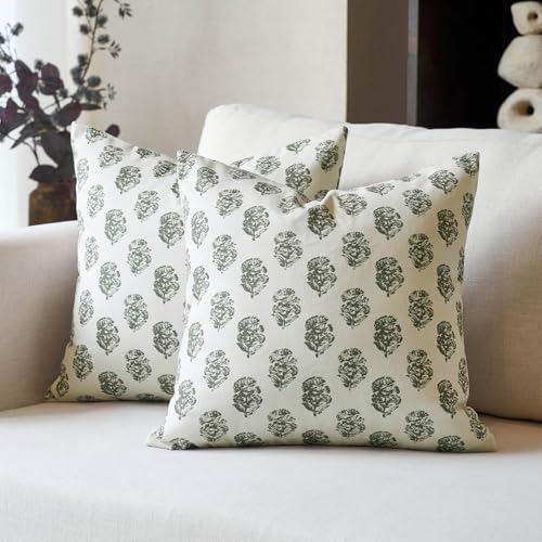 DOMVITUS Set of 2 Floral Pillow Covers 18x18, Block Print Pillow Covers Vintage Neutral Decorative Farmhouse Throw Pillow Covers for Couch Bed Living Room Dusty Green - color: Dusty Green, size: 18" x 18" (Pack of 2)