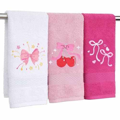 3 Pcs Pink Hand Towels for Bathroom Cute Bow Decorative Towels | 100% Cotton Absorbent Embroidered Coquette Towel for Bridal Shower Wedding Holiday Decor Gift, 13 x 29 Inch - color: Pink White Bow