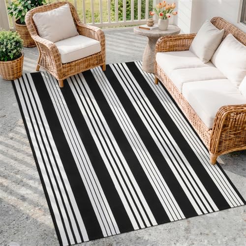 Black and White Outdoor Rug 4'x6' Washable Patio Rug Porch Camping Rug | Cotton Woven Front Door Mat Outdoor Area Rugs Floor Mat for Farmhouse/Front Porch/Balcony/Entryway/Deck/Home Entrance Decor - color: Black/White Stripe, size: 4' x 6' (Rectangular)