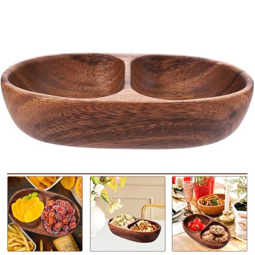 FUOYLOO Divided wood snack and fruit serving bowl, double compartment candy plate, salad bowl container, versatile wooden appetizer tray