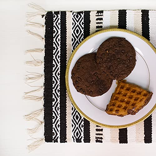 Black, Cream, White Boho Placemats (Set of 4) | Cotton Farmhouse Placemats 13x19 Inches| Machine Washable, Durable and Easy to Combine - color: Ivory-black, size: 13x19 Inch.