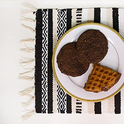 Black, Cream, White Boho Placemats (Set of 4) | Cotton Farmhouse Placemats 13x19 Inches| Machine Washable, Durable and Easy to Combine - color: Ivory-black, size: 13x19 Inch.