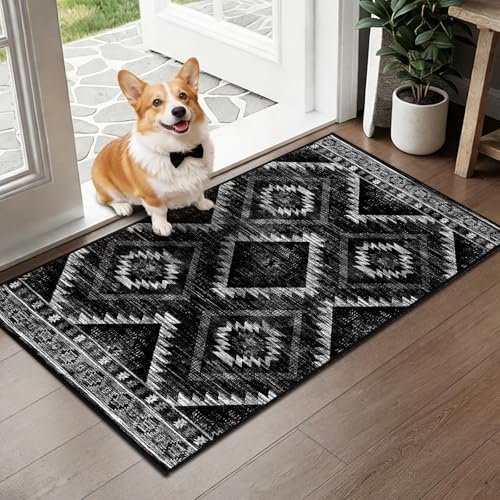2'x4' Washable Area Rug for Living Room Bedroom Black | Soft Western No Slip Low Pile Print Foldable Indoor for Kitchen Dining Room - color: Black, size: 4' x 2' (Rectangular)