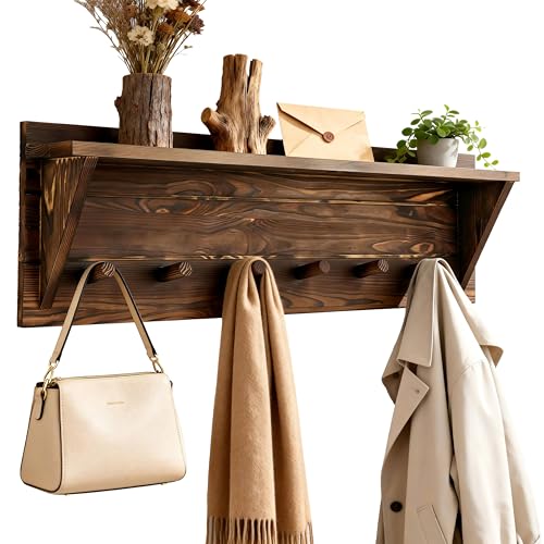 WEBI Coat Rack Wall Mount with Shelf,24" Long Entryway Wall Shelf with Hooks Underneath,6 Peg Hooks for Hanging Coats,Caps,Jacket,Clothes,Brown - color: Brown, size: 24 Inch