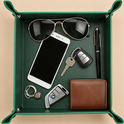 Valet Tray Desktop Storage Organizer – Vegan Leather Catchall Tray Bedside Vanity Tray Nightstand Caddy Holder for Remote Controller, Watch, Keys, Phone, Wallet, Coin, Jewelry, Midnight Green - color: Midnight Green