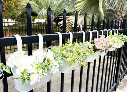 6 Pack 10" Metal Hanging Fence Planter Outdoor with Detachable Hooks, White | Removable hook, Drainage hole, Rustproof, For flowers / herbs / succulents, veggies, For railings / fences / balconies - color: White