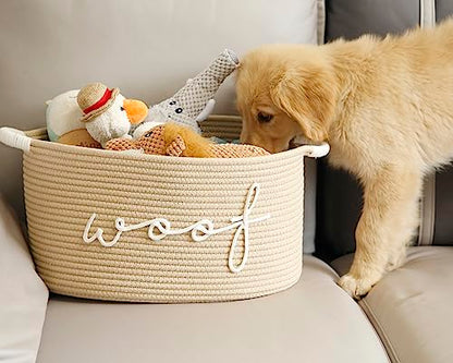 Woof Woven Rope Storage Baskets, Pet Dog Toy Bin Box Perfect for organizing Chew Toys Blankets leashes, Dog Toy holder Cotton Basket Puppy Bins - color: beige