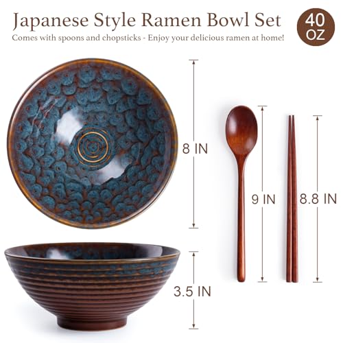 Ceramic Japanese Ramen Bowl Set, 2 Sets Asian Pho Udon Soup Noodle Bowls with Spoons and Chopsticks (Peacock Green, 8 inches) - color: Peacock Green