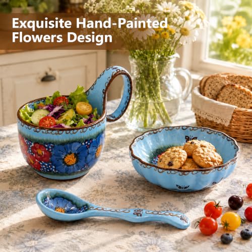 3 Piece Hand Painted Loop Handle Soup Bowl, Plate and Spoon Set,13.37oz Ceramic Cereal Cup for Coffee,Floral Bowl Set for Soup Snack Ice Cream Stew Microwave Dishwasher Safe (Blue) - color: Ocean Blue