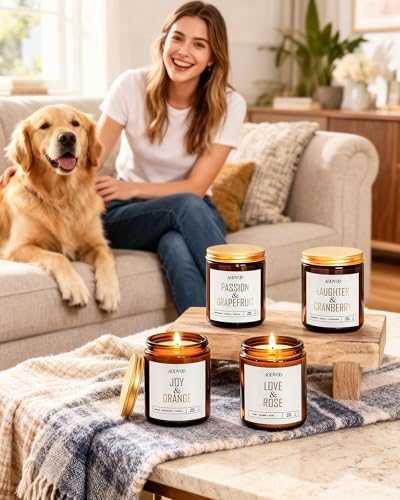 AOOVOO Candle Set - 4PC Scented Candles, 28 oz Soy Candles, Soy Candle for Home Scented, Joy Orange/Laughter Cranberry/Love Rose/Passion Grapefruit - style: Orange/Cranberry/Rose/Grapefruit