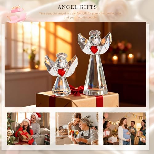 2pcs Crystal Angel Figurine Collectibles Gifts for Women Glass Angel Statue | Glass Guardian Angel Holding a Heart Ornaments,Home Table Christmas Decoration (Clear,4.5''and 3'') - style: Angel With Red Heart-2pcs