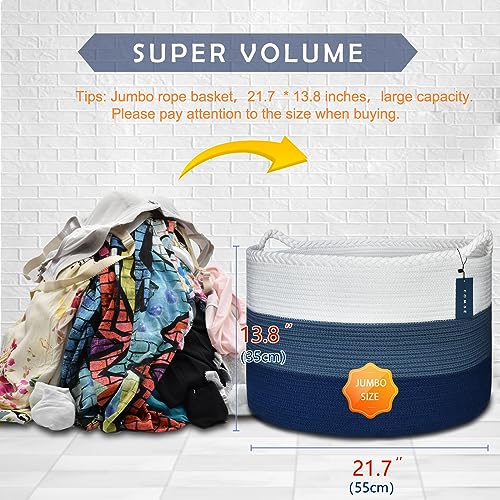 COMSE XXXLarge Woven Blanket & Laundry Basket, 87L, White & Blue | 21.7" x 13.8", Cotton Rope, Nursery Hamper for Storage of Toys Clothes Towels, Ideal for Living Room Bedroom Bathroom - color: White & Cadet Blue & Navy Blue