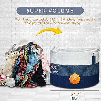 COMSE XXXLarge Woven Blanket & Laundry Basket, 87L, White & Blue | 21.7" x 13.8", Cotton Rope, Nursery Hamper for Storage of Toys Clothes Towels, Ideal for Living Room Bedroom Bathroom - color: White & Cadet Blue & Navy Blue