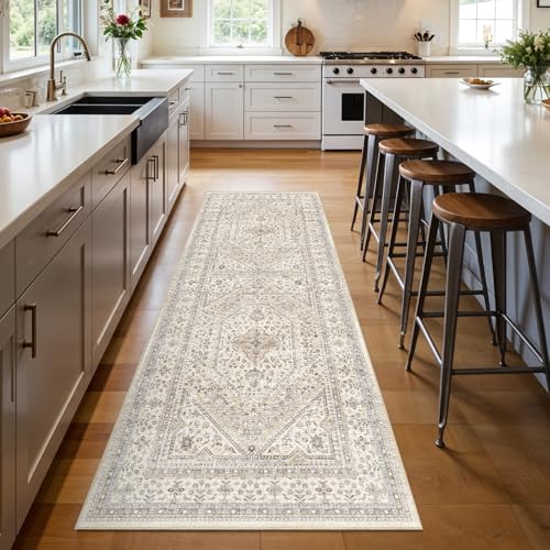 3x8 Washable Hallway Runner Rug - Non-Slip Vintage Kitchen Rugs Beige Gray | Low Pile Thin Wide Carpet for Entryway Soft Pet-Friendly Floor Mat for Bedroom Bathroom Laundry Indoor Decor - color: Beige/Gray, size: 3' x 8' (Rectangular)