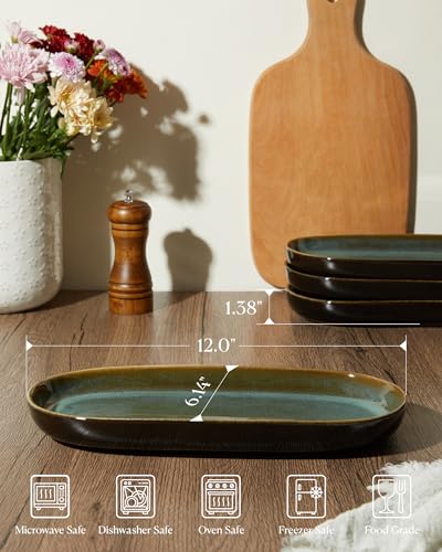 12" Deep Serving Platters, Stoneware Party Tray Set for Entertaining, Microwave Safe Large Platter for Fruit/Cheese/Cookie/Sushi/Appetizer, Ceramic Serving Trays Plates of 4, Aurora Green - size: Deep