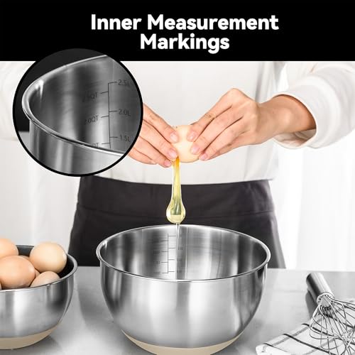 KITEISCAT Stainless Steel Mixing Bowls with Lids – Set of 5 Large Nesting Metal Bowls for Kitchen, Baking, Cooking, Food Prep & Storage, Non-Slip Base, Dishwasher Safe,Khaki - color: Khaki