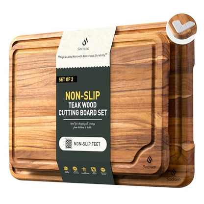 2 Pack Teak Cutting Boards for Kitchen Wood Wooden Cutting Board Non Slip | Non Toxic, Over Sink, NOT Bamboo Stainless Steel Titanium Acrylic Acacia Olive, Space-Saving, Kitchen Gift for Mom - style: Set of 2